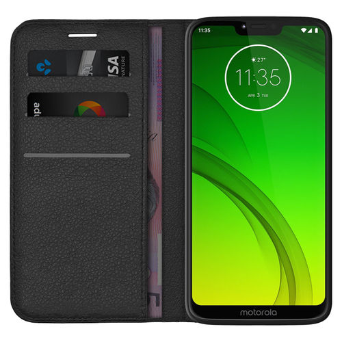 Leather Wallet Case & Card Holder Pouch for Motorola Moto G7 Power - Black
